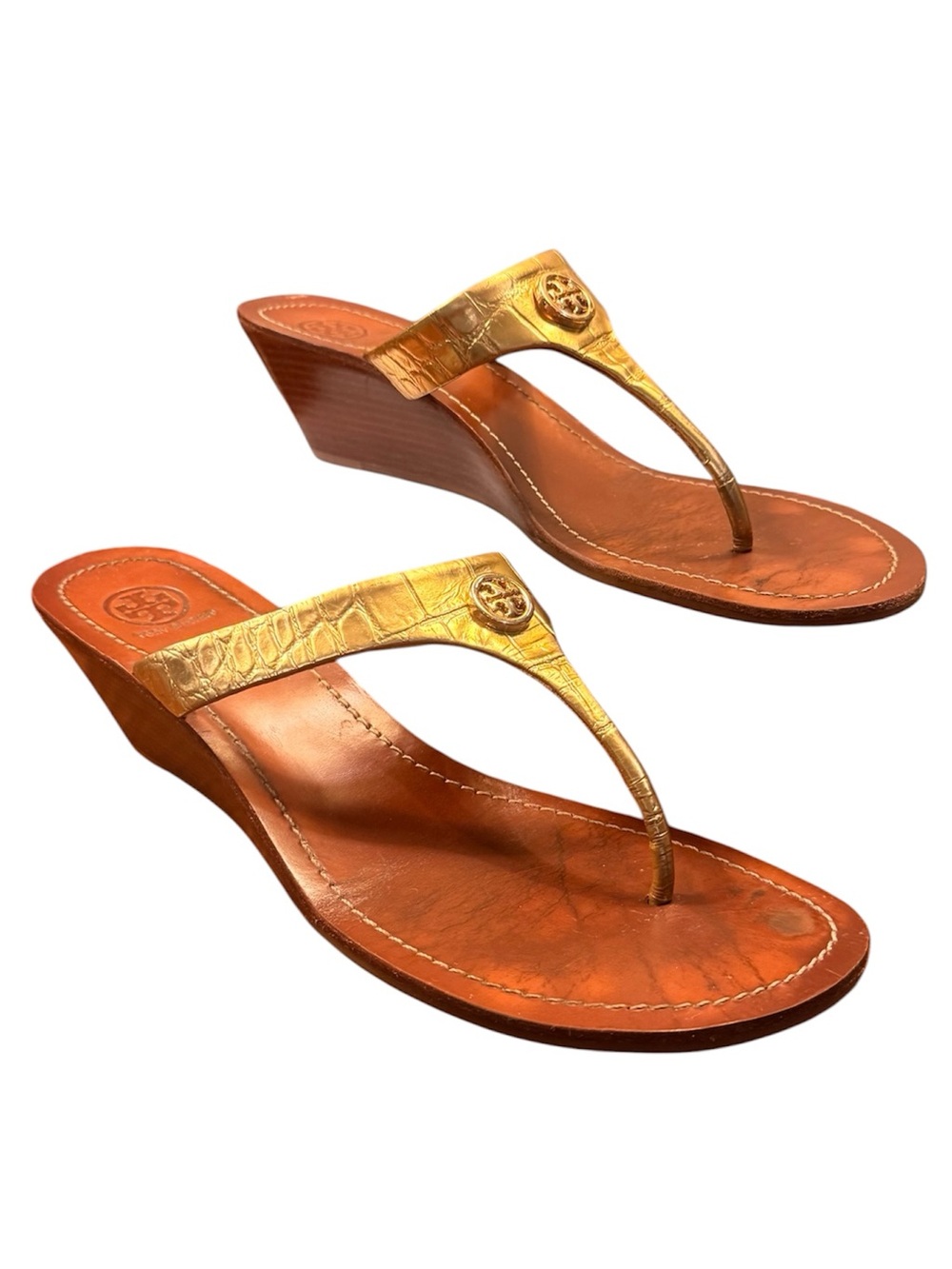 Tory Burch Thora Metallic Gold Croc Embossed Leather Wedge Thong Sandals Size 11